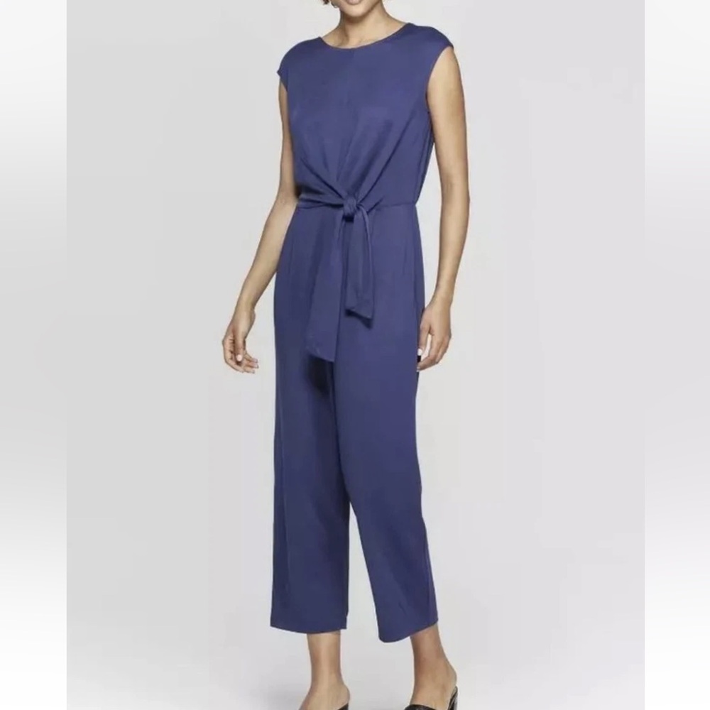 NWT Prologue Jumpsuit Sz.Small Blue Stretch Knit Cropped Leg Wrap Tie Front